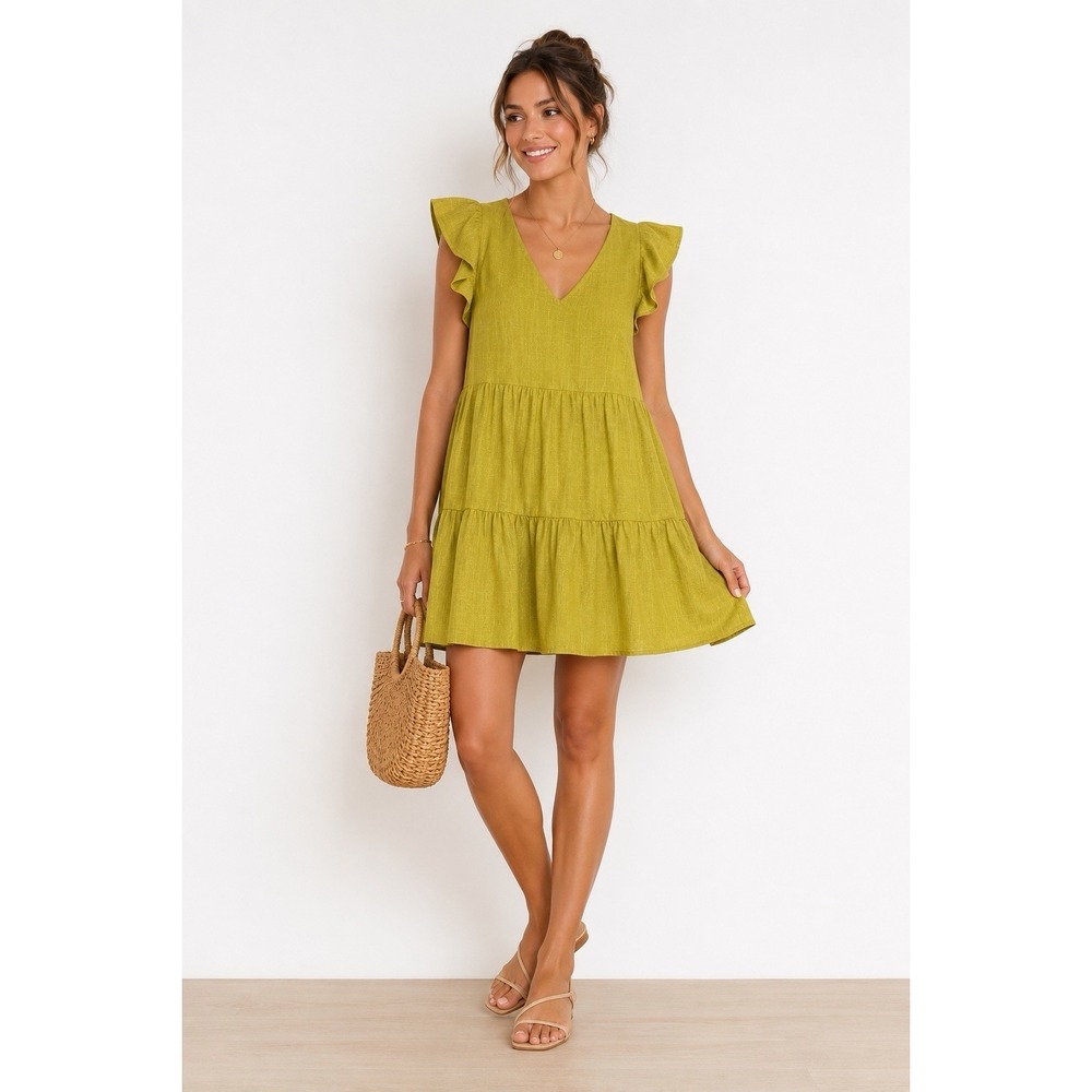 Sugar Lips Amelia Tiered Babydoll Dress Small Chartreuse Green Linen Blend
